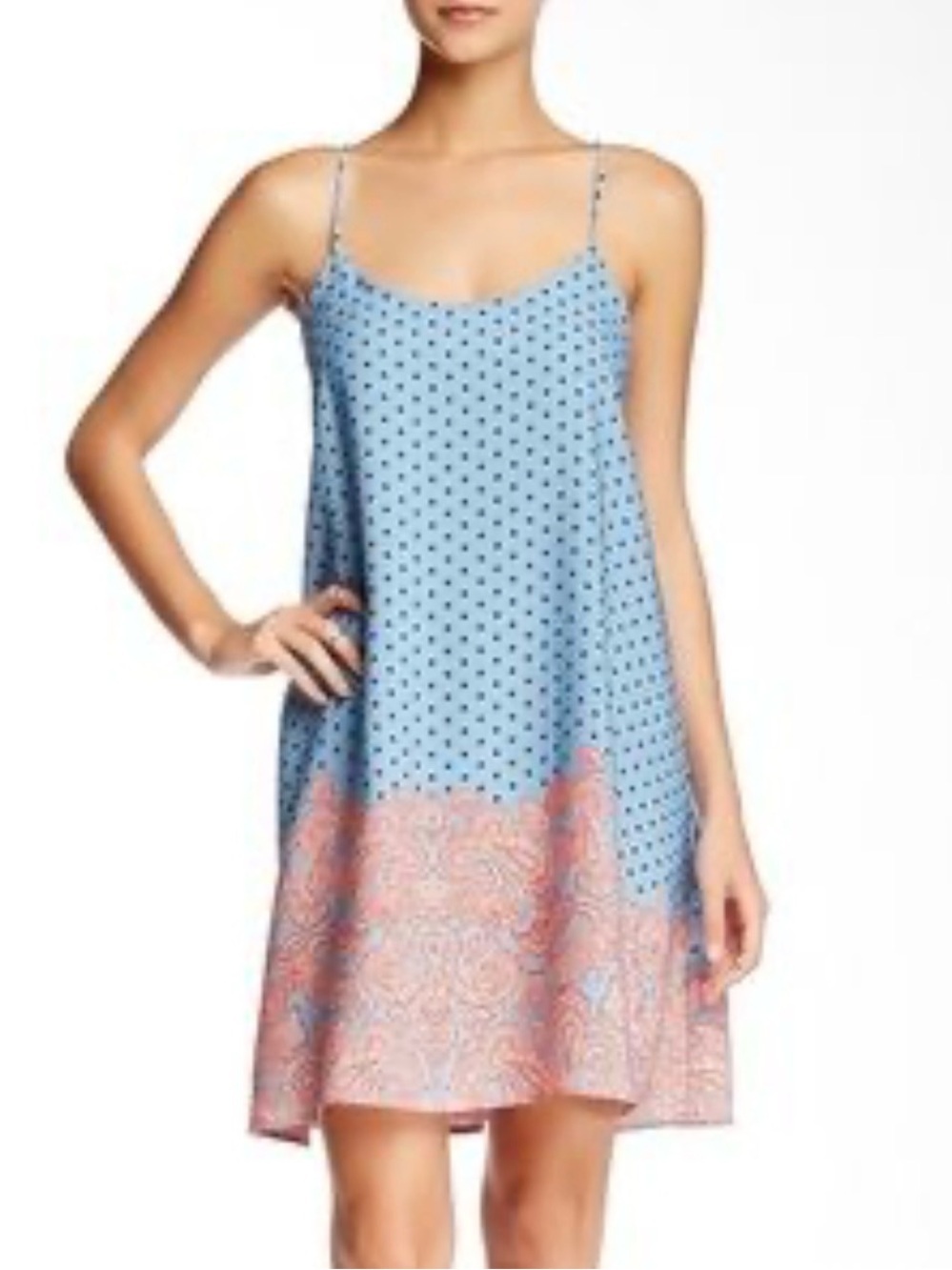 Everleigh Blue Polka Dot Satin Dress with Pink Paisley Hem women’s size Small